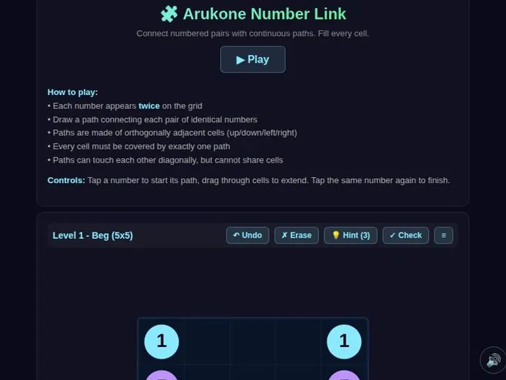 Arukone Number Link Puzzle screenshot